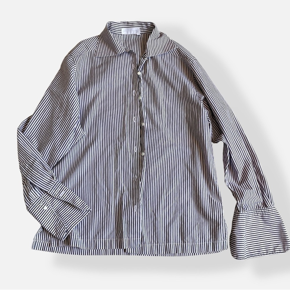 Vintage 90s Burberrys Navy and Nude Striped Blouse Button Front Shirt Large - Picture 5 of 12